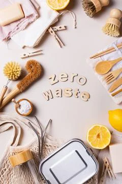 Zero waste set of plastic free and reusable kitchen utensils Stock Photos