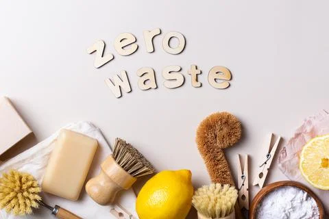 Zero waste set of plastic free kitchen cleaning utensils Stock Photos