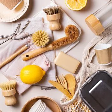 Zero waste set of plastic free and reusable kitchen utensils Stock Photos