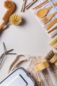 Zero waste set of plastic free and reusable kitchen utensils Stock Photos