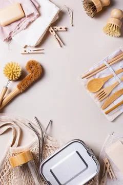 Zero waste set of plastic free and reusable kitchen utensils Stock Photos