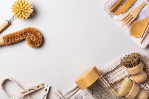 Zero waste set of plastic free and reusable kitchen utensils Stock Photos