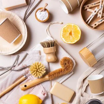 Zero waste set of plastic free and reusable kitchen utensils Stock Photos