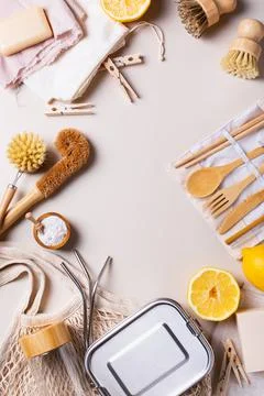 Zero waste set of plastic free and reusable kitchen utensils Stock Photos