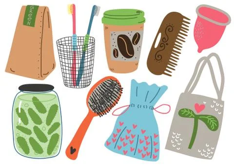 Zero Waste Set, Reusable Objects for Kitchen, Shopping, Personal Care, Eco Ilustración de archivo
