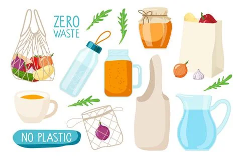 Zero waste set. Reusable products, glassware, fabric eco bags. No plastic slogan Illustrazione stock