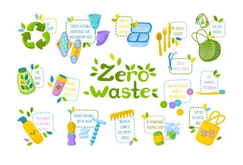 Zero waste set. Symbol of recycling, reusable items and go green instructions Illustrazione stock