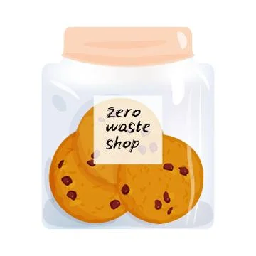 Zero waste shop. Black text, calligraphy, lettering, chocolate chip cookies,  Illustrazione stock