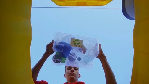 Zero waste. Slow Motion of Young Teenager recycling used Bottles into bin. Stockbeeldmateriaal 127260482