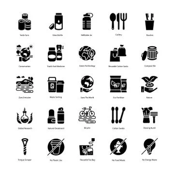 Zero Waste Solid Icons Set Stock Illustration