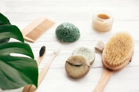 Zero waste solid shampoo bar, bamboo toothbrushes, wooden brush, natural deod Stock Photos
