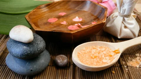 Zero waste spa accessories, natural soap and shampoo bars, bath salt, reusabl Stock Footage 155487692