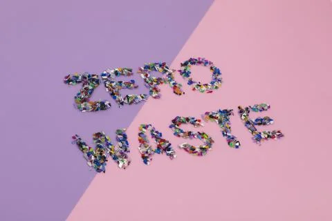 Zero waste text consisting of small recycled plastic pellets 스톡 사진