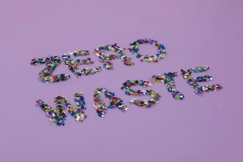 Zero waste text consisting of small recycled plastic pellets from the sea 写真素材