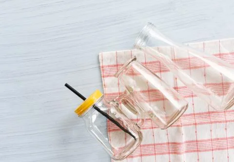 Zero waste use less plastic concept / water glass jar with straw pitcher and  Stock Photos