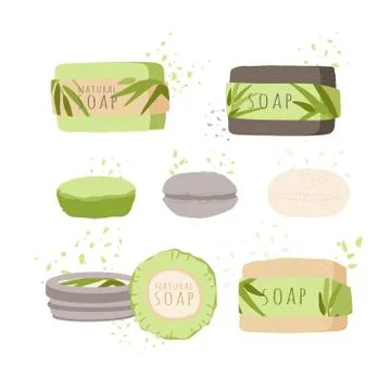 Zero Waste Vector Cartoon Set of Natural Organic Soap - green Bamboo piece Stock Illustration