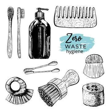 Zero waste vector illustration set. Hand drawn environment-friendly graphic Stock Illustration