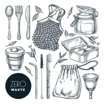 Zero waste, vector sketch illustration. Hand drawn natural reusable items and Stock Illustration