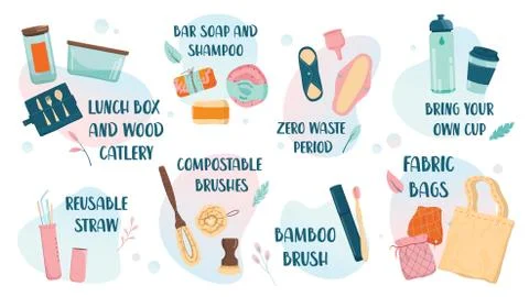 Zero waste web banner, eco tips infographic. Lifestyle elements 스톡 일러스트