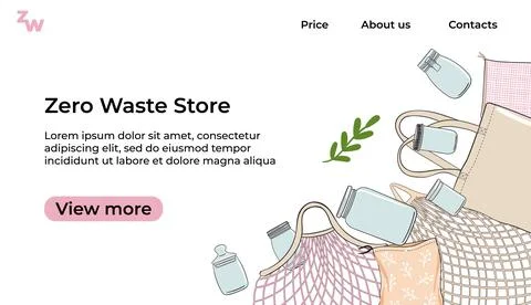 Zero waste web template. Collection of bags and glass jars. Concept of zero w Stock Illustration