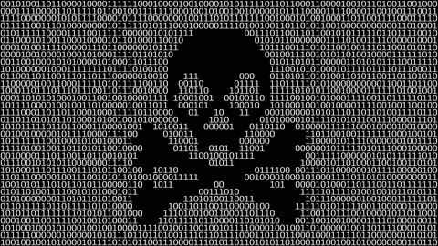 Zeros and ones code with a digital pirates skull Stock Footage 167644291