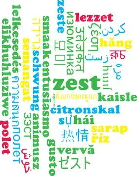 Zest multilanguage wordcloud background concept Stock Illustration