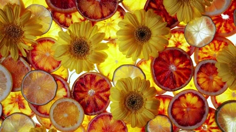Zesty Citrus Spread: Flat Lay Composition Featuring Citrus Fruits, Leaves, and Stock Footage 241325450