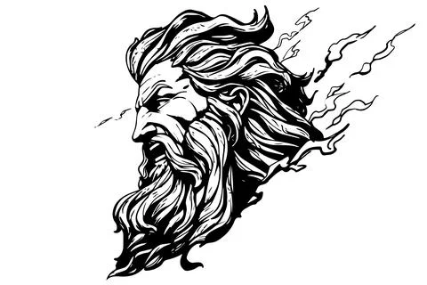 Zeus head hand drawn logo ink sketch. Engraved style vector illustration. Stock Illustration