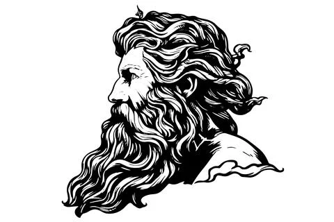 Zeus head hand drawn logo ink sketch. Engraved style vector illustration. Stock Illustration