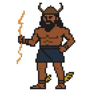 Zeus holding a lightning bolt in a pixel art style, depicted in a playful man Stock Illustration