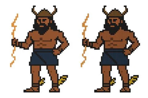 Zeus holding a lightning bolt in a pixel art style, depicted in a playful m.. Stock Illustration