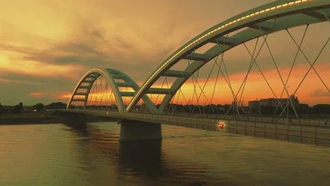 Zezelj bridge over the river at sunset Stock Footage 216927394