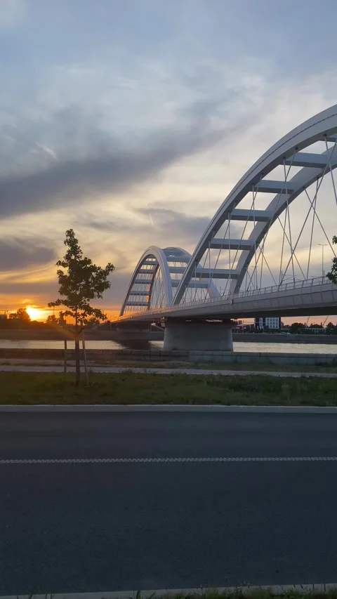 Zezelj Bridge spanning Danube River at sunset, Novi Sad, Serbia Stock Footage 339480127