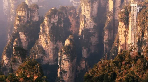 Zhangjiajie Sunrise Elevator Mountains Stock Footage