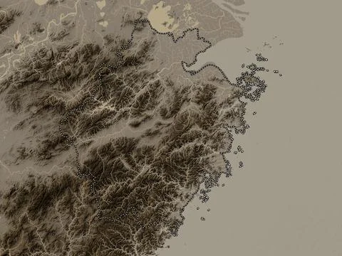 Zhejiang, China. Elevation map colored in sepia tones with lakes and rivers Stock Illustration