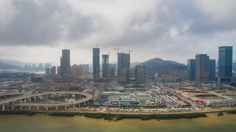 Zhuhai mega construction bay macau city aerial panorama 4k timelapse china Vídeo Stock 107295633