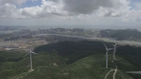 Zhuhai windmill mountain landscape pull back 39 seconds Video stock 72793988