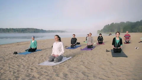 Zhytomyr, Ukraine - August 2014: group of women practicing yoga on the beach Stock Footage 70948141