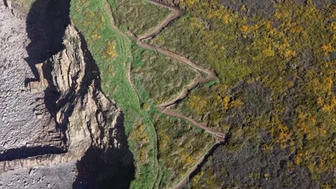 Zig Zag coastal path down to Northcott Mouth beach Cornwall Stock Footage 330739844