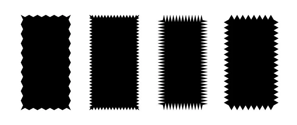 Zig zag edge rectangular shapes collection. Jagged rectangle patches set. Black Stock Illustration