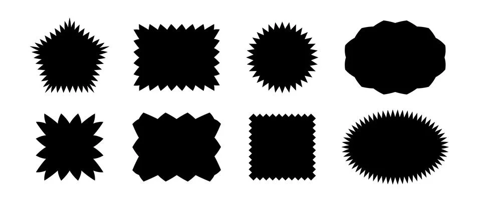 Zig zag edge shape collection. Black jagged rectangle, square, circle, pentagon Stock Illustration