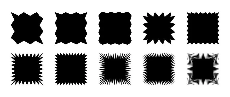 Zig zag edge squared shape collection. Jagged square elements set. Black graphic Stock Illustration