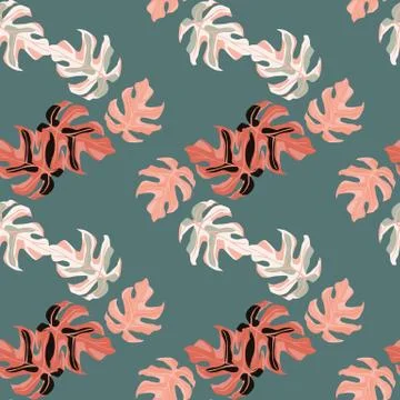 Zig zag monstera silhouettes seamless doodle pattern. Pink colored exotic lea Stock Illustration
