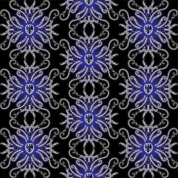 Zig zag repeat Royal blue seamless repeat design with shield and dragon Co... Stock Photos