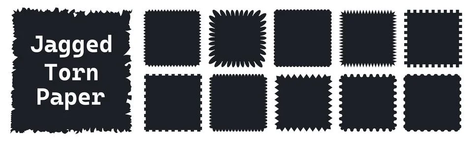 Zig zag style edge square frames set. Black jagged rectangular elements graphic Stock Illustration