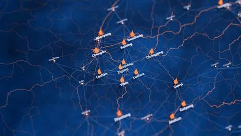 Zigong map big data visualization. Futuristic map infographic of city in China Illustrazione stock