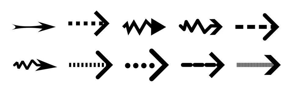 Zigzag and dashed arrow vector lines, Creative black pointing icons, Assorted Illustrazione stock