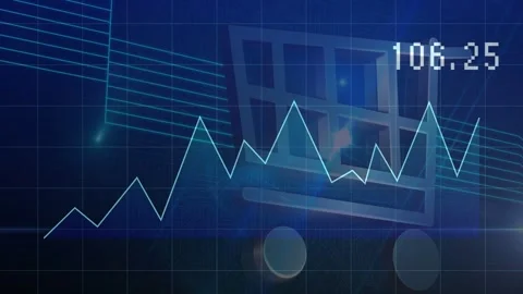 Zigzag chart drawing toward cart icon as numeric readout rises, showing Vídeos de archivo 332523199
