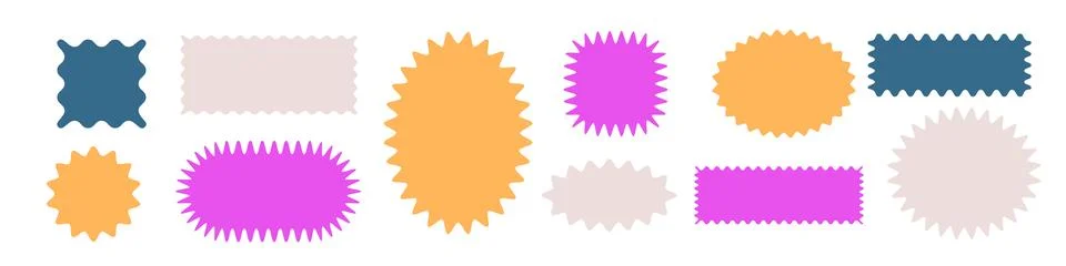 Zigzag circle badge, color rectangle frames set. Label price callout. Flat Stock Illustration