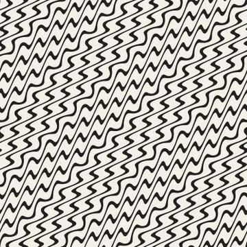 ZigZag Diagonal Wavy Stripes. Vector Seamless Black and White Pattern. イラスト素材